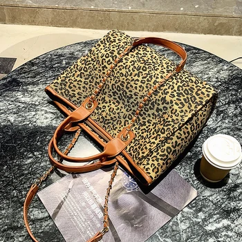 Seksualus Leopard Large Tote maišą 2020 Nauji Aukštos kokybės Drobė Moterų Dizaineris Rankinės Didelės talpos Grandinės Petį Krepšys