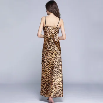 Seksualus, Leopardas Spausdinimui Ilgai Nightdress Moterų Spagečiai Dirželiai Pižamą Sleepwear Ponios Šilkiniai Nėrinių Suknelė Nightie Homewear