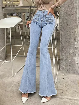 Sky blue high waisted ragų džinsai moterims elastinga seksualus liesas džinsus mados universalus ilgas plonas užsiliepsnojo kelnės sujungimas ir supjaustyti