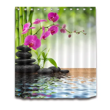 Spa Spring Zen Dušo Užuolaidos su Kilimų Nustatyti Bambuko Orchidėja, Akmens Vonios kambarys Ekranai Vandeniui Poliesterinio Audinio Voniai Dekoras
