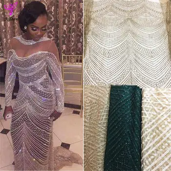 Sparkle Šampano Afrikos Nėrinių Audinio Blizgučiai Sklandymo Tiulio Tinklelio Prabanga Nigerijos Šalis Suknelė Moterims Užsakymą Medžiagų, Žalia
