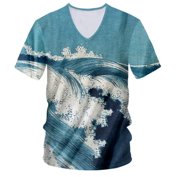 UJWI Vyrų Harajuku V Kaklo Marškinėlius Unisex Didelis Dydis, T-shirt 3D Išspausdinti Naują įrašą Banga Ir Ukiyo-e Tee Marškinėliai Tiekėjų