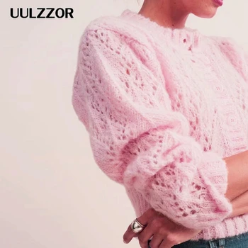 UULZZOR džemperis Moterims Tuščiaviduriai iš crohect megzti megztinis rudenį lady megztinis ilgomis rankovėmis aukštos juosmens moterų outwear jumper 2019