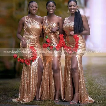 Vienos Pečių Bridesmaid Dresses Aukso Blizgučiai Undinė Afrikos Vestuves Chalatai Aukštos Ritininės Tarnaitė Garbės Nuotakos Suknelės Ilgio