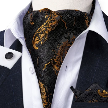 Vyrai Derliaus Luxury Gold Black Paisley Šilko Necktie Cravat Ascot Scrunch Savarankiškai Kaklaraištis Ascot Kišenėje Kvadratinių Rinkinys Vestuves DiBanGu