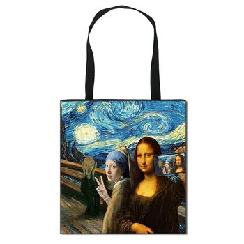 Žvaigždėtą Naktį / Statula David / Mona Lisa Moterų Rankinės Ponios Pečių Krepšiai, Van Gogh / Mikelandželas Atsitiktinis Entire 
