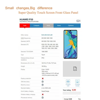 10vnt/daug Huawei 30 ELE-L09 ELE-29 30 Lite Nova 4E Jutiklinis Ekranas Touch Panel Jutiklis skaitmeninis keitiklis Priekinis Stiklas, Išorinis LCD Objektyvas