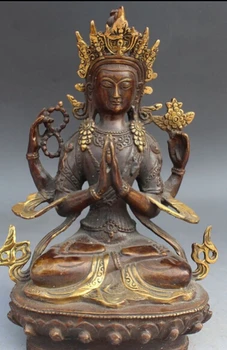 15cm Senojo Tibeto Budizmo Bronzos Paauksuota 4 Ginklų Chenrezig Budos Statula Avalokiteshvara
