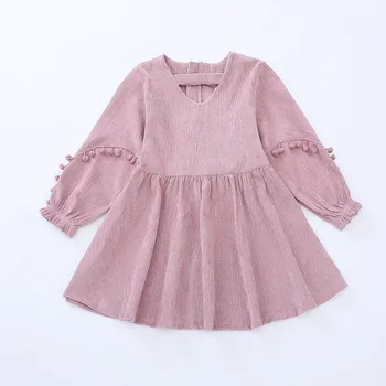 2018 m. Rudenį Velvetas Pompoms Žibintų Rankovėmis Suknelės Vintage Stiliaus Baby Girl Aksomo Suknelė Bowknot Žiemą Vaikams Mergaitėms