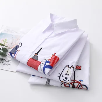 2020 m. NAUJA Baltos spalvos Marškinėliai, Laisvalaikio Drabužiai Mygtuką Iki Pasukite Žemyn Apykaklės ilgomis Rankovėmis Medvilnės Palaidinė Siuvinėjimo Feminina KARŠTO Pardavimo T8D427M