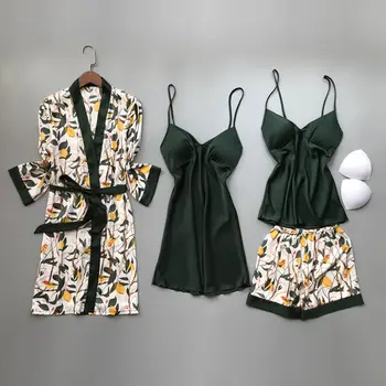 2020 M. Pavasarį, Rudenį Moterys Šilko Pižama Rinkiniai Su Krūtinės Pagalvėlės, Gėlių Spausdinti Pijama Sleepwear 4 Gabalus Spageti Diržas Satino Pižamos