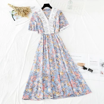 2020 moterų mados gėlių spausdinti midi suknelė trumpomis rankovėmis mygtukai ponios elegantiškas v-kaklo derliaus suknelė vasaros šifono suknelės