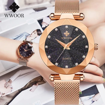 2020 WWOOR Naujas Mados Žvaigždėtas Dangus Moterų Laikrodžiai Prabangos Prekės Deimantas, Kvarcas Rose Gold Žiūrėti Moterų Atsitiktinis Riešo Žiūrėti Moterų Laikrodis