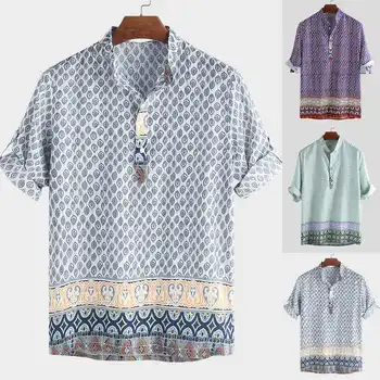 2021 Etninės Stiliaus Spausdinti Mens Marškinėliai Trumpomis Rankovėmis Stovėti Apykaklės Prarasti Atsitiktinis Viršūnės Vasarą Prekės Havajų Marškinėliai Vyrams Derliaus Camisa