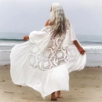 2021 Sexy Ilga Kimono Megztinis Spalvingi Blyksnius Rankovės Nėrinių Ruffed Baltos Medvilnės Tunika Plius Dydis Moterų Paplūdimio Viršūnes Palaidinė Q1049