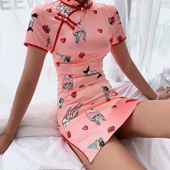 2021 Vasaros Cute Rožinė Suknelė Moterims Vintage Stiliaus Kinijos Cheongsam trumpomis Rankovėmis Mini Šalis Suknelė 90s Harajuku Spausdinti Streetwear