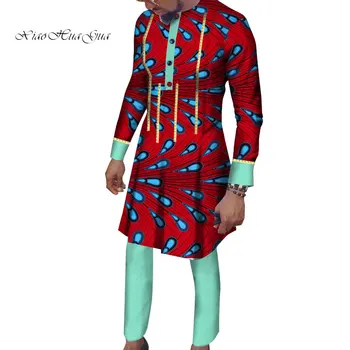 Afrikos Vyrų Drabužius ilgomis Rankovėmis Marškinėliai Suknelė ir Kelnės Nustatyti Tradicinių Afrikos heidi bazin Riche Spausdinti Viršūnes Suknelė ir Kelnės Wyn964