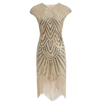 Aukso China Suknelė Moterims 1920-ųjų Derliaus Flapper Great Gatsby Šalis Suknelės Pakraštyje Midi Kutas Bodycon Vasaros Art Deco Papuoštas