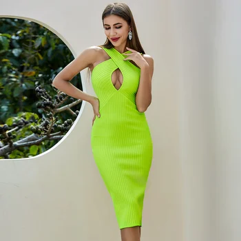 Aukštos Kokybės Naujas Mados Žalią Skylutę Viskozė Tvarstis Suknelė Elegantiškas Klubas Šalies Komplektus Suknelė Vestido