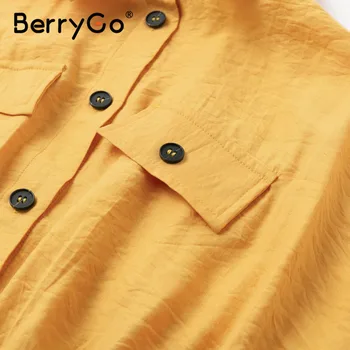 BerryGo Ponios office moterų suknelė atsitiktinis, Kietas mygtukai moterų marškinėliai sundress 2020 metų Vasaros stilius laisvas rankovės linijos, midi suknelė