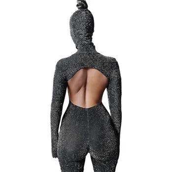 CHRONSTYLE Blizgučiais Shinny Jumpsuits 2021 Sexy Moterys ilgomis Rankovėmis Golfo Backless vientisas Streetwear Juoda Rompers Su Dangteliu