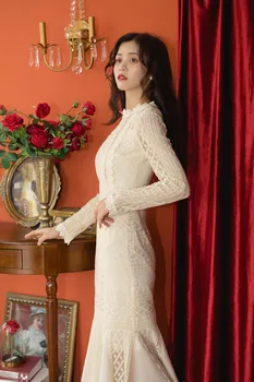 Derliaus Elegantiškas Undinė Šalis Suknelė Moterims 2019 M. Rudenį Long Sleeve Lace Tuščiaviduriai Iš Retro Šalies Klubas Ponios Suknelės Vestidos