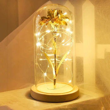 Dirbtinis Amžinąjį Spalvinga Goldleaf Gvazdikų Stiklo Dangtis Dome Lempa su LED Šviesos Ornamentų Valentino Kalėdų dovana