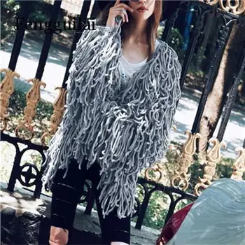 Fengguilai Šiltas mezgimo shaggy baltas megztinis Moterų megztinis minkštas juoda moteriška striukė kailis Rudenį, žiemą, pūkuotas dirbtiniais kailiais kailis