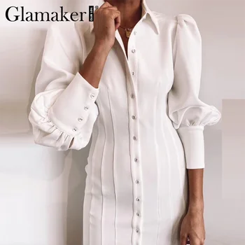 Glamaker Baltos spalvos klostuotas bodycon mini suknelė ilgomis rankovėmis šalies vakarienė marškinėliai suknelė Ponios tiesiai elegantiškas mygtuką vestidos 2020 naujas