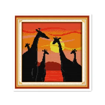 Gražus saulėlydžio peizažas kryželiu rinkinys modelio dramblys hippo antis žirafa gyvūnų serijos rankų darbo 
