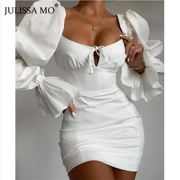 JULISSA MO Elegantiškas Sluoksniuotos Rankovėmis Bodycon Suknelės Baltos Seksualus Backless Ruched Dress Moterys Vasarą, Naktį Šalies Trumpas Vestidos 2020 m.