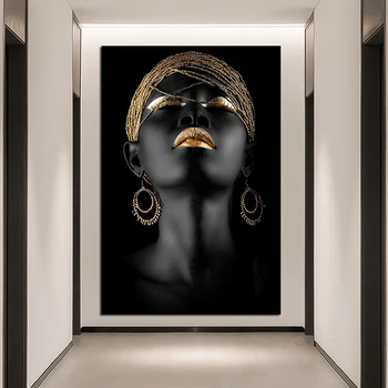 Juodos Ir Aukso Moterų Aliejaus Tapybai Šiuolaikinio Mergina Portretas Tapybos Drobės Spausdintos Nuotraukos, Namo Apdaila Už Miegamojo Plakatai