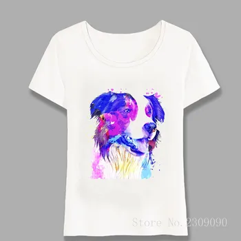 Kietas Pasienio Kolis Meno Akvarelė Print T-Shirt Mada Moterims T-shirt Cute Girl Atsitiktinis Viršūnes Šunų Mėgėjams Paprasta Tees Harajuku