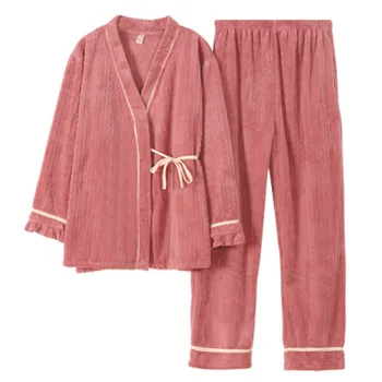 Kimono Flanelė Pižama Nustatyti Storosios Žiemos Pjama Moterų Šiltas Seksuali vientisa Spalva Sleepwear 2020 Naujas Mados Prarasti Didelis Dydis Homewear
