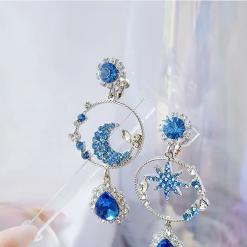 Korėjos Naujas Mados Elegantiškas Moon Blue Star Kalnų Krištolas Lašas Auskarai Moterų, Mergaičių Vandens Lašelius Kristalų Brincos Bižuterijos