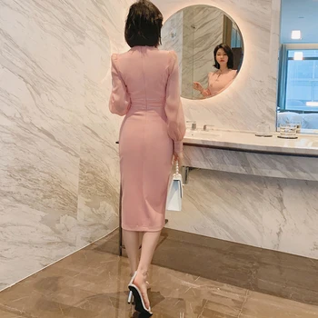 Mados moterų naują atvykimo tvirtą asmenybę aukštos kokybės plonas oficialų suknelė seksualus vasaros mygtukai šalies rožinis pieštukas suknelė