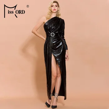 Missord 2021 Moterų Sexy Nereguliarus Kaklo Išjungti Peties Suknelės Moterų Elegantiškas Aukštos Padalinta Latekso Maxi Suknelė FT19828