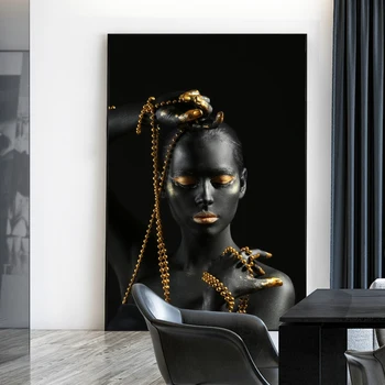 Moderni Juoda Golden Nude, Afrikos Moterų Naftos Tapyba ant Drobės, Plakatų ir grafikos Skandinavijos Sienos Meno Nuotrauka už Kambarį