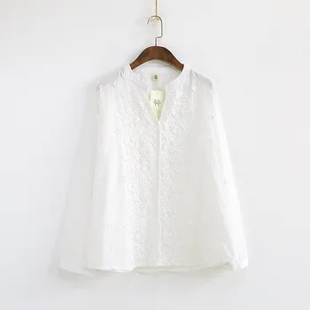 Mori Mergina Minkštos Medvilnės 3D Gėlių Siuvinėjimas Baltos Pasakos Marškinėliai Moterims Prarasti Atsitiktinis Palaidinė Marškinėliai Hipių Boho Traukti Femme Hiver, Paltai
