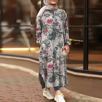 Moterų Musulmonų Rudenį Sundress ZANZEA 2021 Kaftan Spausdinti Hijab Suknelė ilgomis Rankovėmis Gėlių Vestidos Moterų Kišenės Maxi Skraiste, 5XL