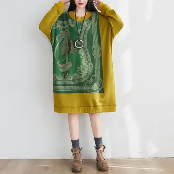 Moterų nauja rudens ir žiemos plius dydis literatūros M-ilgio suknelė plauti apvalios kaklo su aksomo storio prarasti atsitiktinis sweatershirt