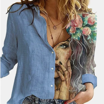 Moterų Vintage Modelis Spausdinti Kratinys Palaidinės Atsitiktinis Turn-žemyn Apykaklės Mygtuką Marškinėliai Femme Elegantiškas Ponios ilgomis Rankovėmis Marškinėliai Blusa