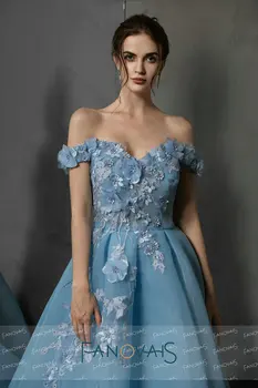 Mėlyna Off Peties Vakaro Suknelės Ilgio Su 3D Gėlės Prom Dresses 2019 vestidos de fiesta largos elegantes de gala