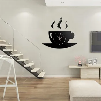 Namų decoration3D modernus dizainas, veidrodis, sieninis laikrodis kavos puodelio silent naujus namus laikrodis lipnios kvarco lipduką virtuvės klok