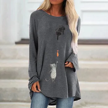 Nauja Rudens moteriški marškinėliai Dviejų Kačių, Žuvų Print Plus Size 5XL Ilgai Tee Marškinėliai ilgomis Rankovėmis Moteriška Viršūnes Poleras Mujer Camisetas F821
