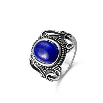 Naujas Vintage Fine Jewelry Tuščiaviduriai Iš 8X10MM Gamtos Mėlynas lazuritas Žiedai 925 Sterlingas Sidabro, Moterų-Metis Dovanos