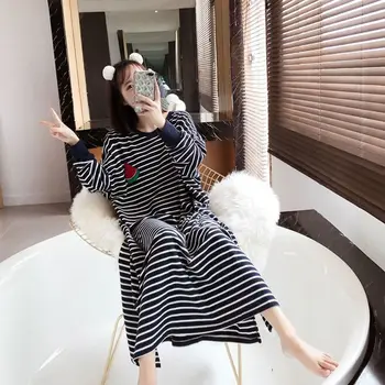 Nightgowns Moterų Sleepshirts Ilgomis Rankovėmis Pavasario Dryžuotas Siuvinėjimo Korėjos Stiliaus Elegantiškas Studentų Kawaii Paprasta Madinga Atsitiktinis Naujas