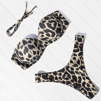 OMKAGI Leopard Bikini Komplektas Bandeau maudymosi kostiumėlį Aukštos Sumažinti Spausdinimo maudymosi Kostiumėliai Moterims Seksualus Push-Up Maudymosi Kostiumas, Paplūdimio Bikini 2020 m.