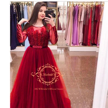 Raudona Ilgomis Rankovėmis Prabanga Arabų Vakarinę Suknelę Išskirtinį Karoliukai Lapų Tiulio Plius Dydis Prom Chalatai Naujas Moterų Vestuvės Suknelės