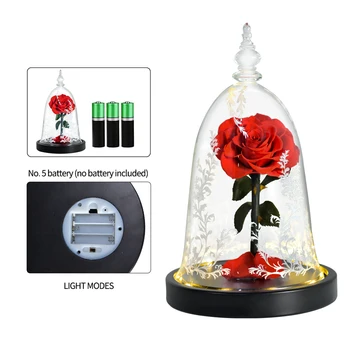 Raudona Žavi Rožės su LED Šviesos Stiklo Kupolas Grožio ir Žvėrys Gėlės Konservuotos Gėlės Motinos Diena Dovanos Moterims